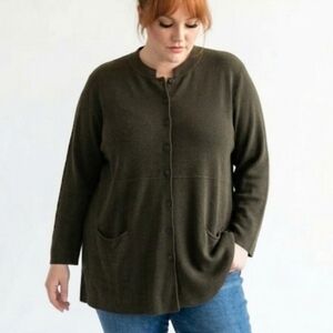 Eileen Fisher Silk 3X Cardigan Dark Olive Green Oversized Boxy Button Down